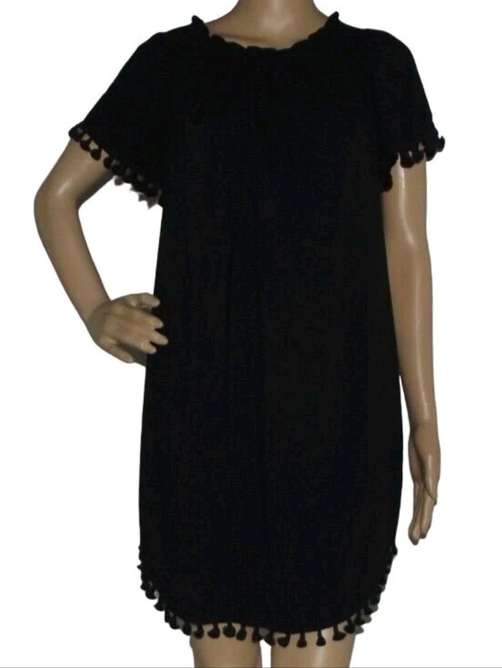 Merona Black Short Sleeve Pom-Pom Trim Mini Dress
